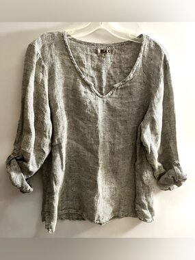 FLAX by Jeanne Engelhart Women's Linen V-Neck Top Size M Medium